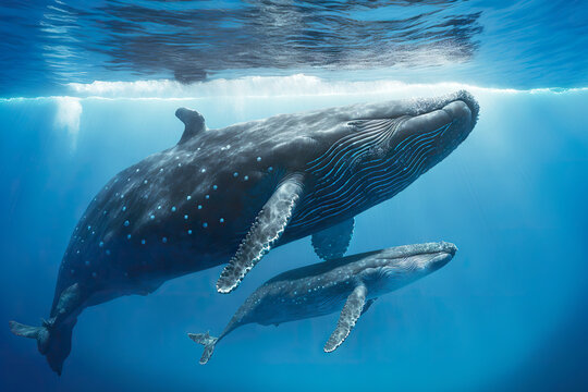 Great Humpback Whale With Baby Swimming In Sea