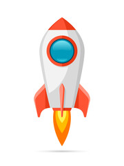 Rocket ship icon in flat style. Spacecraft takeoff on white background. Start up illustration. Vector design object for you project 