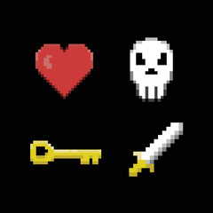 illustration vector graphic of pixel art item set, hearth ,skull,key and sword good for your project and game