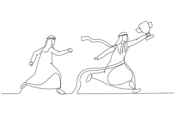 Cartoon of arab businessman get to the finish line winning fierce competition. Single line art style