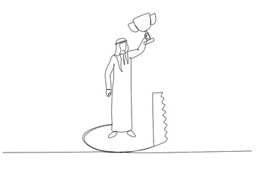 Cartoon of arab businessman holding trophy but get betrayed by someone. Single line art style