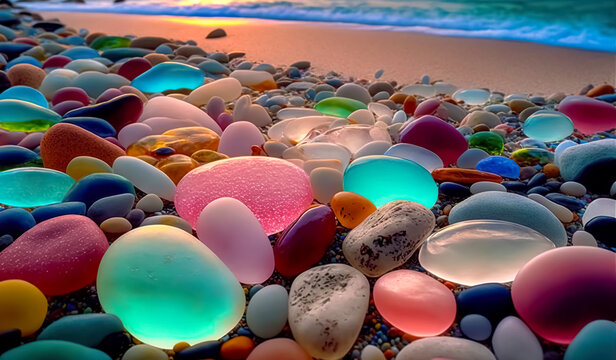 Colorful gemstones on a beach. Polish textured sea glass and stones on the seashore. Green, blue shiny glass with multi-colored sea pebbles close-up. Beach summer background.