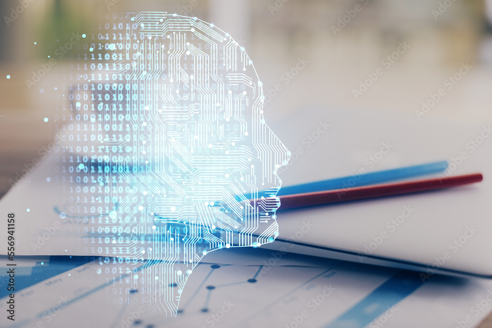 Poster double exposure of desktop with computer and brain drawing hologram. artificial intelligence concept