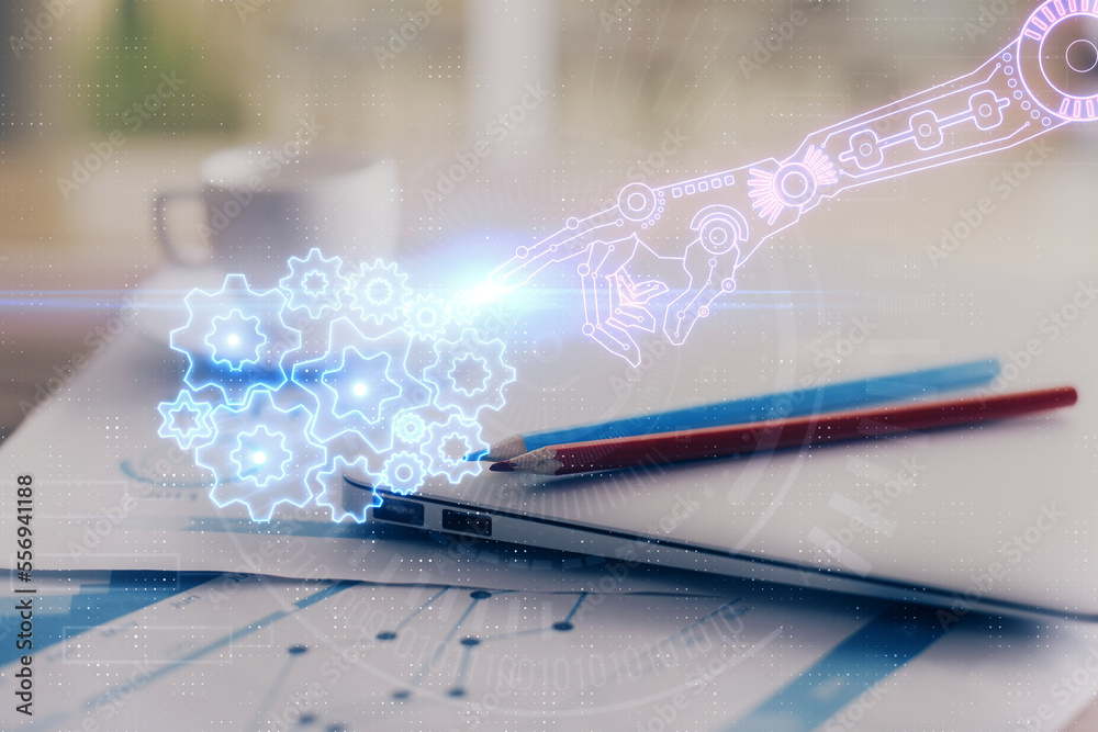 Poster Double exposure of table with computer on background and data theme hologram. Data technology concept.