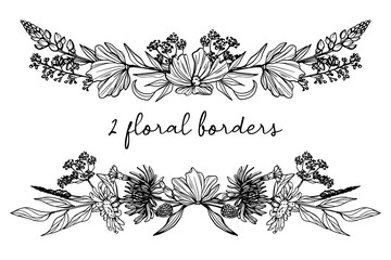 2 floral borders, sketch hand drawn floral border, doodle floral divider