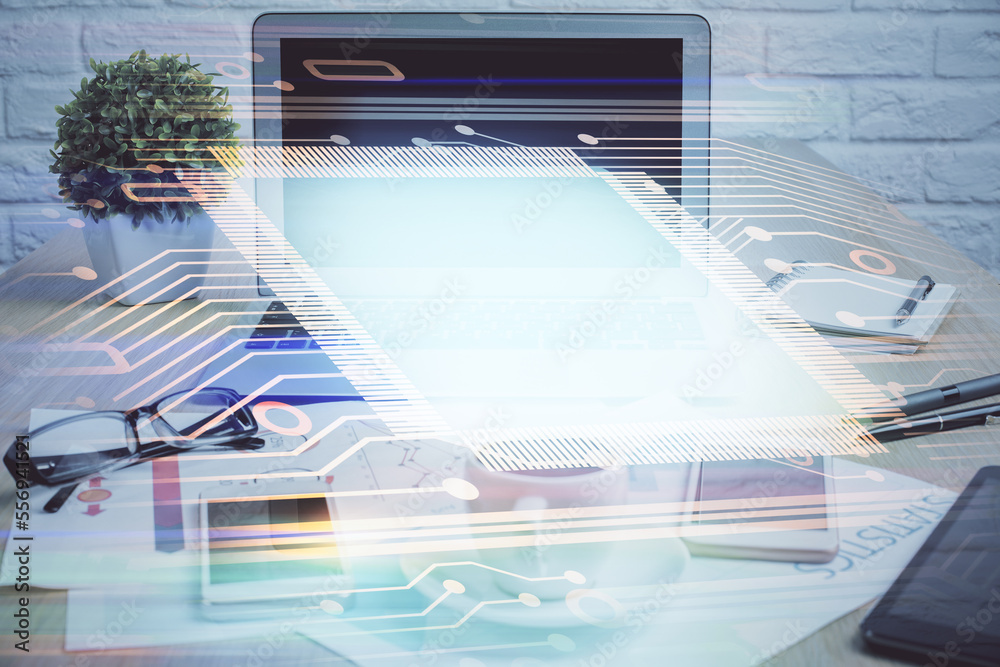 Aufkleber Double exposure of table with computer on background and data theme hologram. Data technology concept.