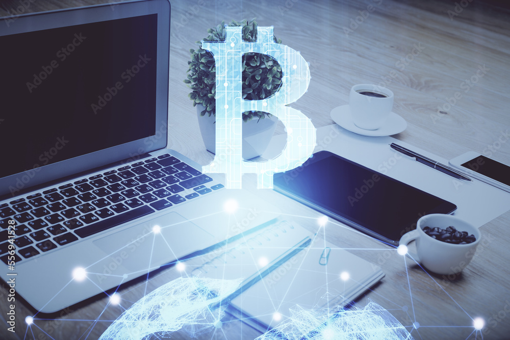 Aufkleber double exposure of blockchain and crypto economy theme hologram and table with computer background. 
