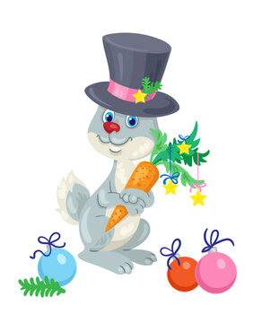 Funny Christmas rabbit in a black top hat with a big decorated carrot is a symbol of the new year 2023. In cartoon style. Isolated on white background. Vector illustration
