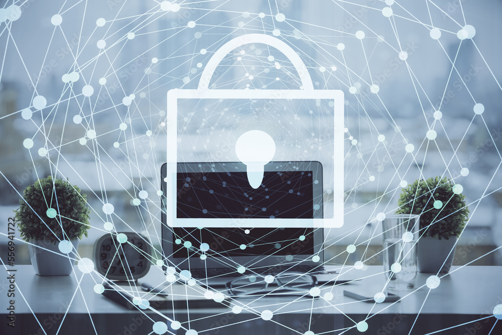 Poster Double exposure of desktop with computer and lock icon hologram. Concept of data safety.