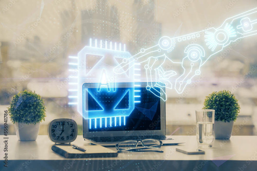 Poster Double exposure of table with computer on background and data theme drawing. Concept of innovation.