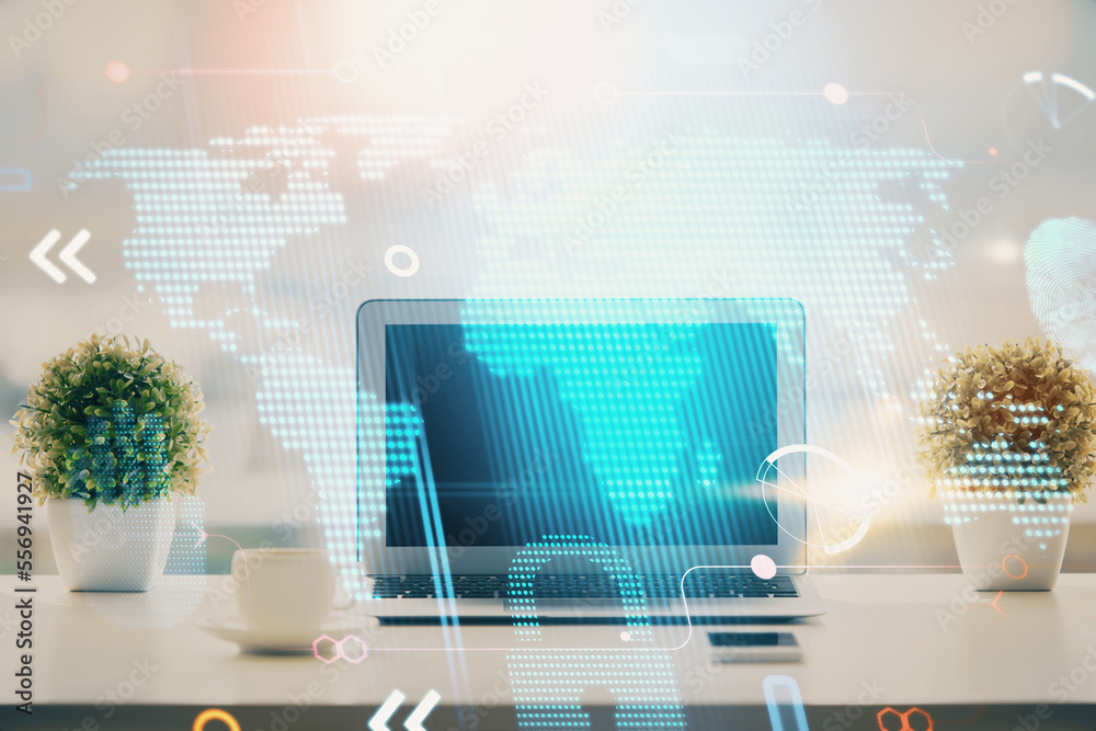 Aufkleber Double exposure of desktop with computer and world map hologram. International data network concept.