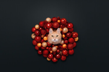 A red Christmas wreath and a red, orange cat. New Year's background. Funny cat that eats and catches shrimp. 