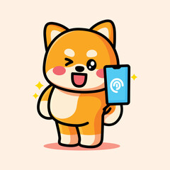 cute shiba is pointing at the phone