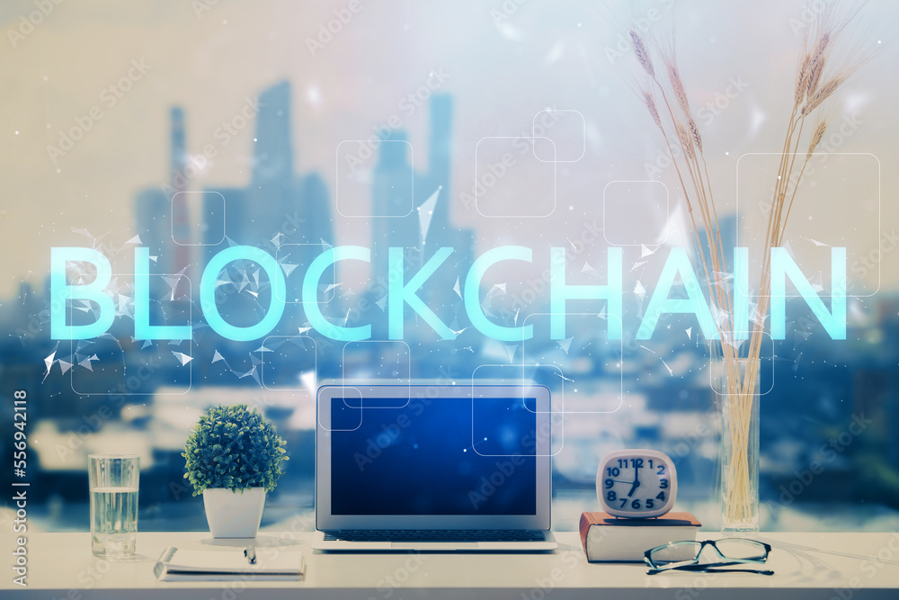 Aufkleber double exposure of blockchain and crypto economy theme hologram and table with computer background. 