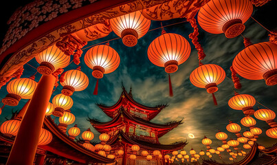 Traditional Chinese Buddhist Temple at night illuminated for the Mid-Autumn festival. Traditional Chinese lanterns display in Temple illuminated for Chinese new year festival. digital art - obrazy, fototapety, plakaty