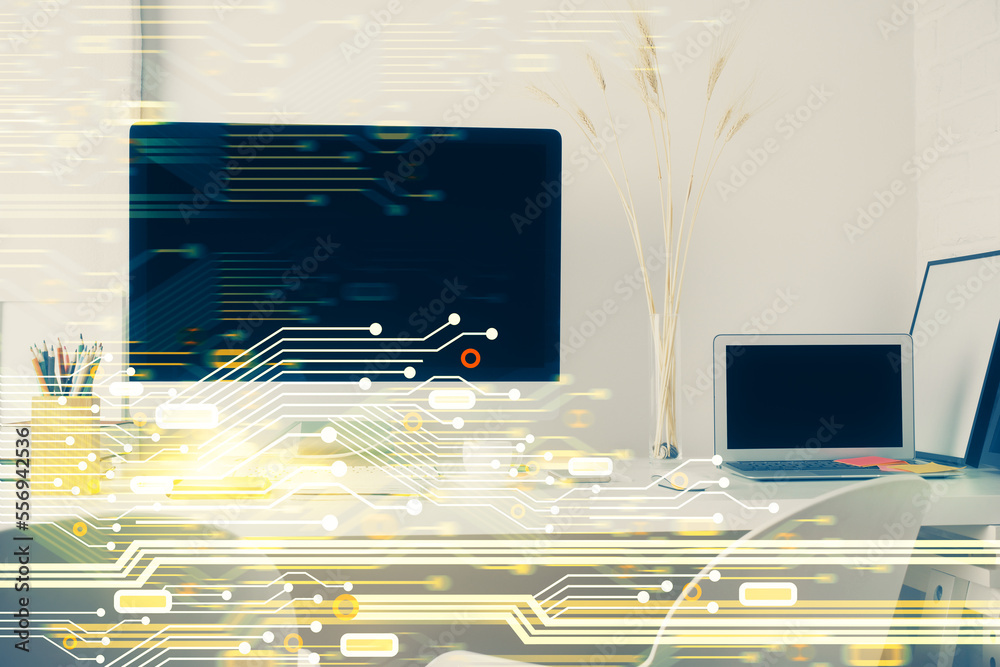 Poster Double exposure of desktop with personal computer on background and tech theme drawing. Concept of Bigdata.