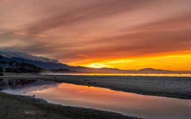Santa Barbara shoreline, California. Sunrise Skyline and Beach.