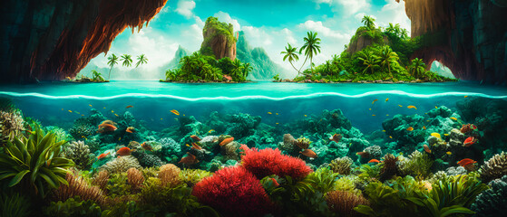 Obraz premium A breathtaking painting of a paradise on earth, depicting a lush, tropical island teeming with vibrant coral reefs. Generative AI