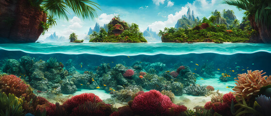 Fototapeta na wymiar A breathtaking painting of a paradise on earth, depicting a lush, tropical island teeming with vibrant coral reefs. Generative AI