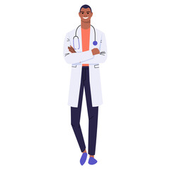 Black male doctor with crossed arms. Smiling man in white coat and stethoscope. Confident medical worker isolated on white background. Flat style. Vector illustration.