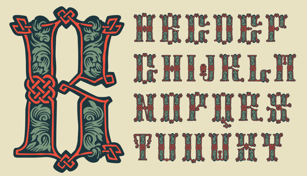 Alphabet set in medieval knots lines style. Dim colored drop cap. Engraved barbarian emblem.