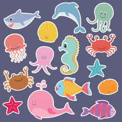 Big set cartoon sea characters animals. Collection ocean creature wildlife and fish.
