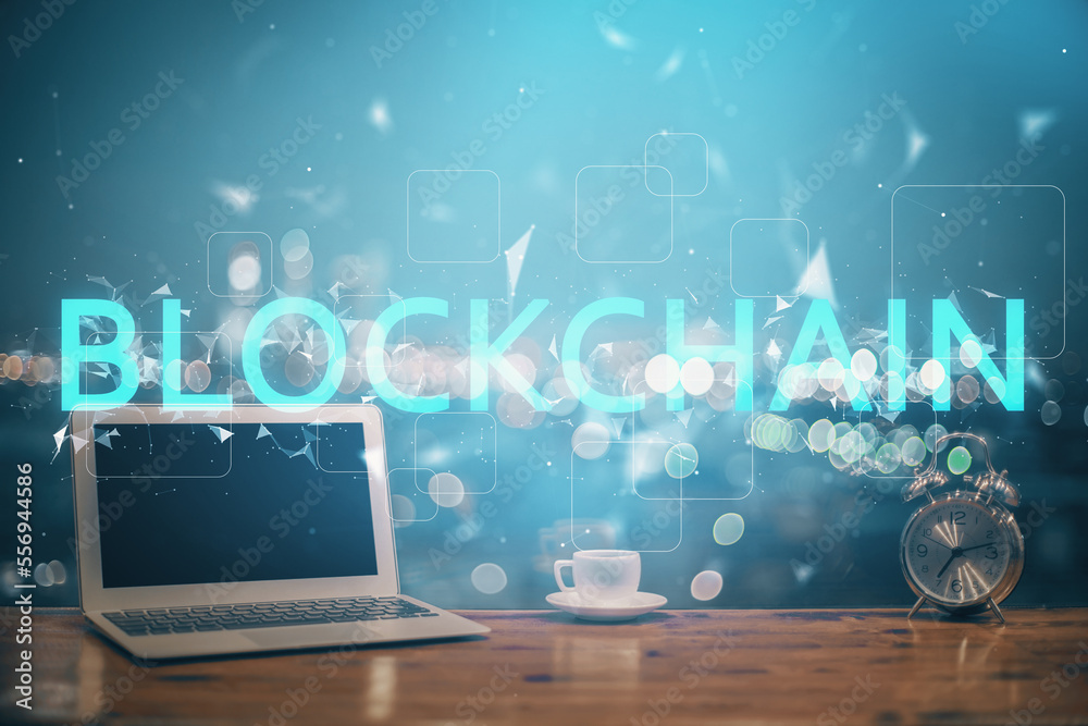 Aufkleber Multi exposure of blockchain theme hologram and table with computer background. Concept of bitcoin crypto currency.