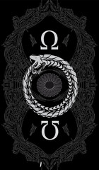 Tarot card back design. Ouroboros, serpent eating its own tail. Omega, the all-seeing eye. Reverse side