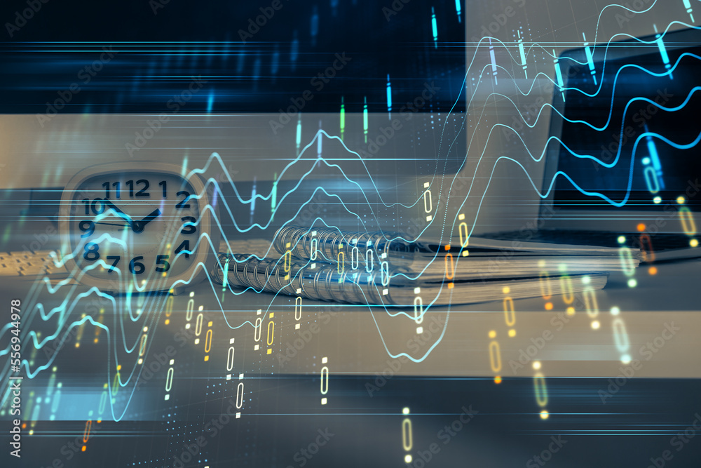 Poster stock market graph and table with computer background. double exposure. concept of financial analysi