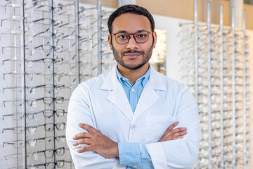 Smiling male consultant in lab coat selling eyeglasses