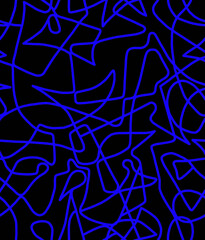 Abstract drawing with blue lines on a black background.Seamless pattern.