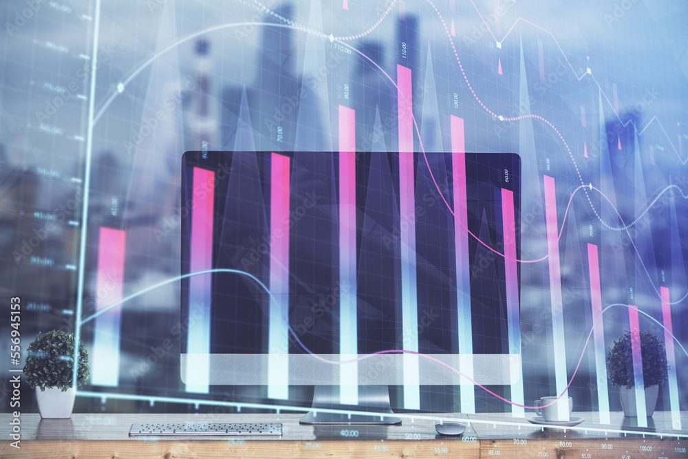 Poster Stock market graph and table with computer background. Double exposure. Concept of financial analysis.