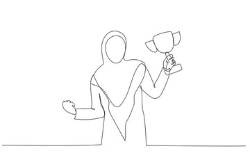 Cartoon of muslim businesswoman holding a trophy success get promotion. Single continuous line art