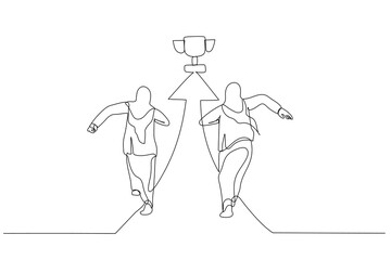 Fototapeta na wymiar Cartoon of motivated muslim businesswoman running on arrow showing direction to trophy way to success. Single continuous line art style