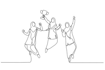 Cartoon of muslim businesswoman jumps in the air with trophy cup in the hand getting recognition. Single continuous line art style