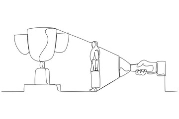 Cartoon of muslim businesswoman aiming big prize from flashlight. Single line art style
