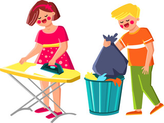 household kid vector. home house, family children, child clean, girl room, housework boy, help work parent household kid character. people flat cartoon illustration