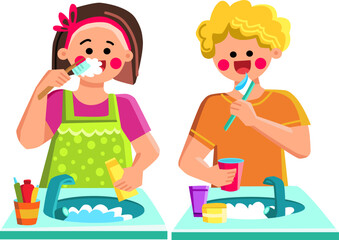 kid boy girl brushing teeth vector. toothbrush, brush hygiene, tooth happy, little dental, health fun care, toothpaste baby kid boy girl brushing teeth character. people flat cartoon illustration
