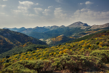 Mountain landscape photography. Route of the reservoirs in the mountains of Palencia with the Peña Redonda peak in the background