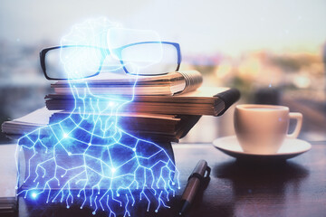 AR drawing with glasses on the table background. Concept of augmented reality. Double exposure.