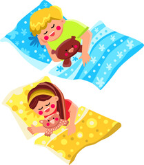 kid sleep vector. child bed, night dream, pillow little, girl cute, asleep bedtime, bedroom home, blanket boy kid sleep character. people flat cartoon illustration
