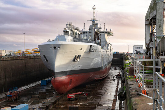 Close-up of a ship under construction in a shipyard in Saint Nazaire, France