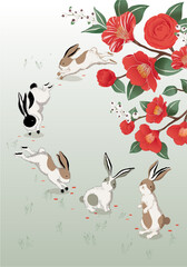Vector illustration of rabbits under camellia trees. The year of the rabbit. New Year's Illustration. Design for invitation card, poster, brochure, web design and print project	 - obrazy, fototapety, plakaty