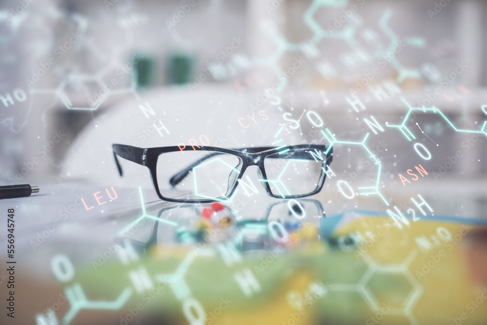 Poster Formulas drawing with glasses on the table background. Concept of science. Double exposure.