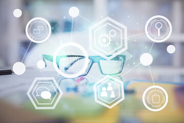 Social network theme drawing with glasses on the table background. Concept of people media connection. Double exposure.