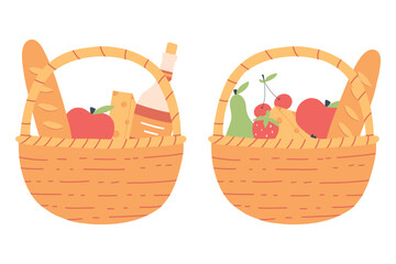 A set of picnic baskets. Picnic food collection. Vector illustration. Flat hand drawn style.
