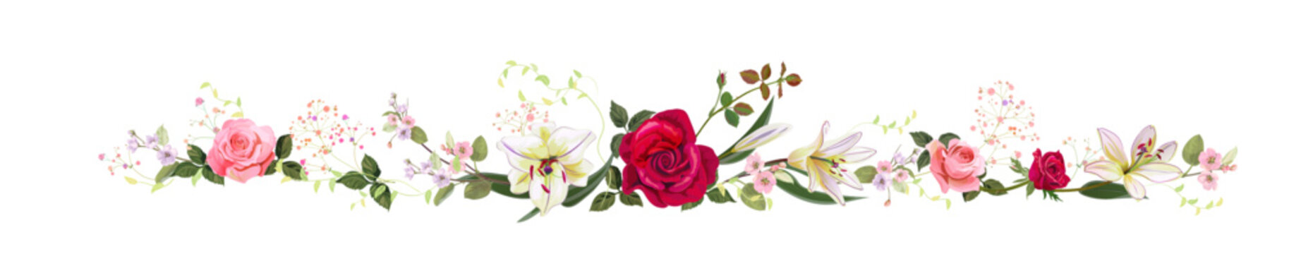 Panoramic view with pink, red roses, white lilies, spring blossom. Horizontal border for Valentine's Day: flowers, buds, leaves on white background, digital draw, vintage watercolor style, vector