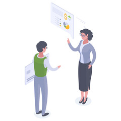 Isometric successful business people. Colleagues conversation, profit strategy discussion, financial analysis and money savings strategy flat vector illustration on white background