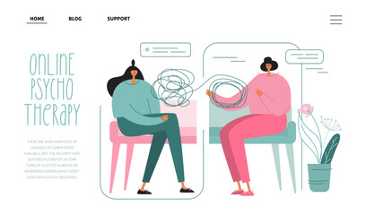 Landing page with woman patient in online psychotherapy session. The doctor through phone help to cope with stress, sadness and nervous problem. The vector illustration for medical social projact.