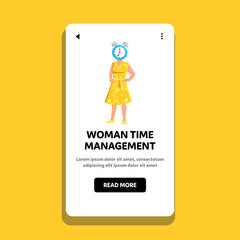 woman time management vector. business work, schedule clock, management busy, office watch, deadline woman time management web flat cartoon illustration